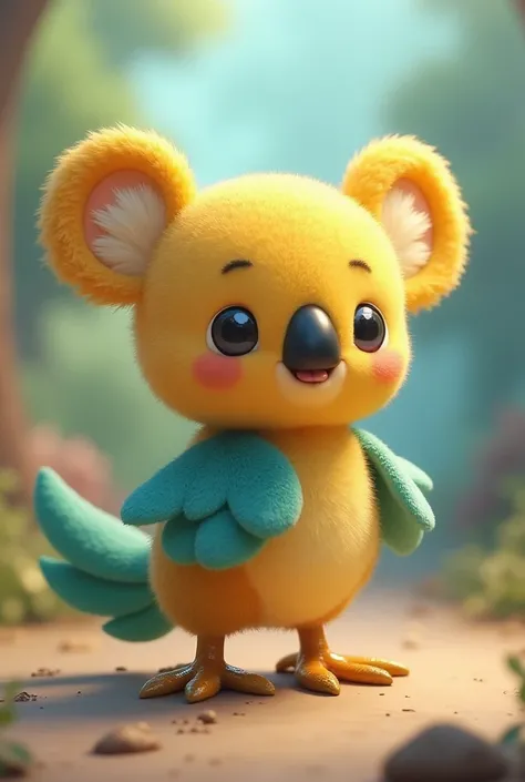 Koala head is animated gold, round nose, small blue, has blue bird wings, has 4 legs, has a green fish tail and is kawaii like a Pokemon