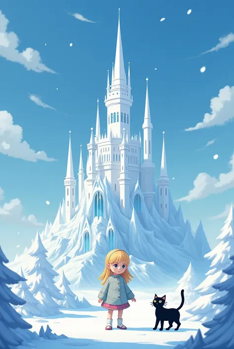 Small blonde girl with black cat in front of a snow palace, ren's book illustration style
