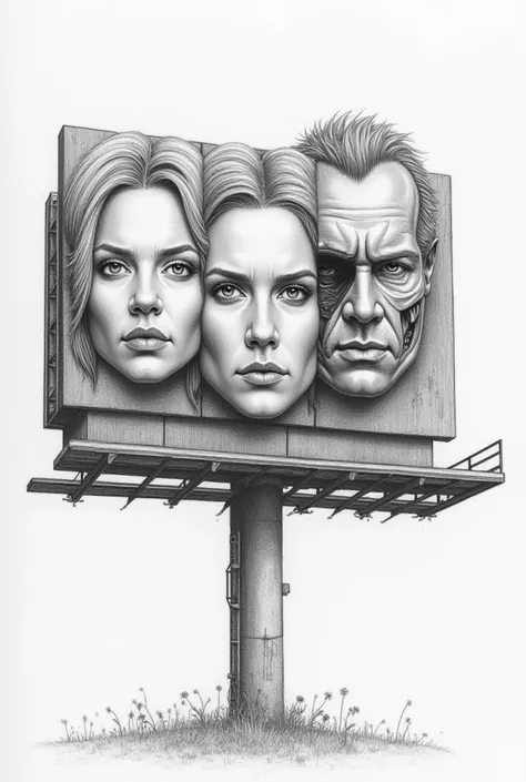  Create three drawings on a ,  billboard each of which is from a science fiction movie , one of star wars, another one from Terminator ,  and the last one from the alien .  In the form of a pencil drawing ,  with three different faces each representing eac...