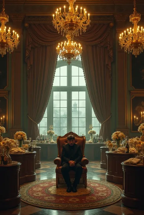 

*"A lavish, opulent mansion filled with excessive wealth—golden chandeliers, expensive art, overflowing banquet tables, and bottles of champagne—yet in the center, a solitary figure sits in a grand chair, looking tired and disillusioned. They are surroun...