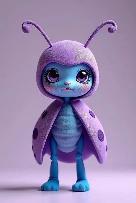 It's like a lady bug doll, it has a purple head  ,, the body is purple with blue legs, skin and glitter all over the head