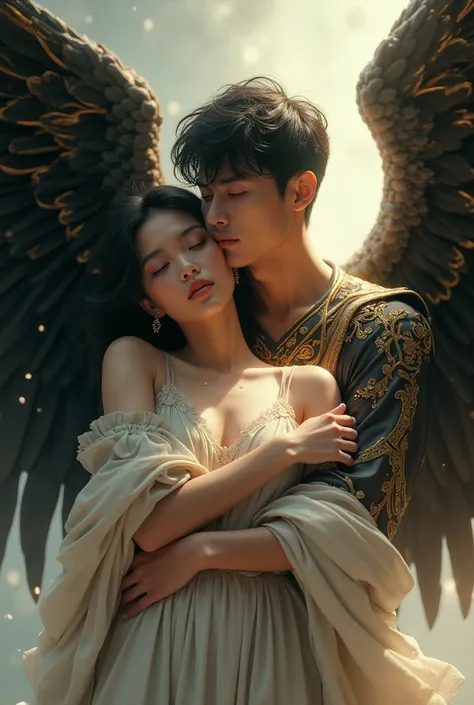 An asian male with big black gold line wings hugging a unconscious woman