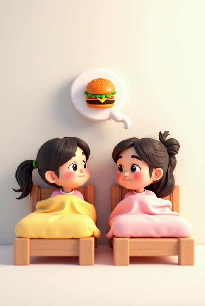 Deux jeunes filles de 8 à sont couchés dans des lits côte à côte.  There is a speech bubble with a hamburger in the speech bubble. Comique. Réaliste. 3D. Amusant. Sur Fond blanc. 