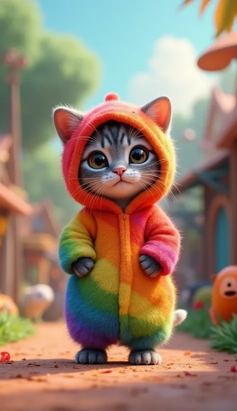  cute kitten、 stands upright on two legs、Wear a rainbow-colored hippopotamus costume、colorful zoo background、3d、 8k、 animation 