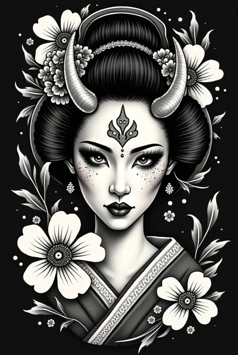 Create a stencil of a tattoo of a geisha with an oni mask, with a black background with flowers and waves 