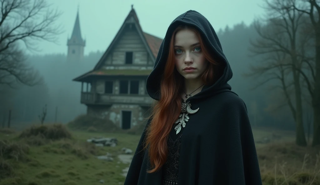 The Arrival at the Forgotten Village.
A high-resolution photo of a young European female standing at the edge of a misty Romanian forest, gazing at the ruins of a forgotten village. Her long, dark auburn hair cascades over her shoulders, framing her pale f...