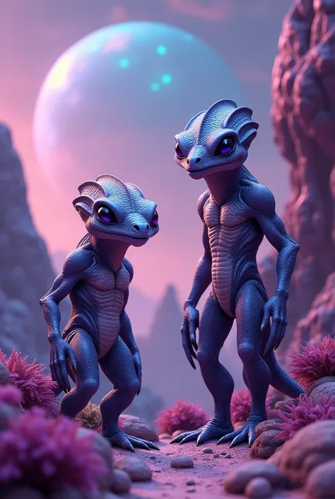 aliens with a human body but with reptile scales on a purple planet, cartoon image.