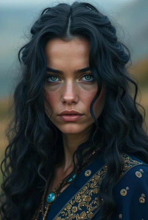 Beautiful girl with curly hair and long black and blue eyes from the Viking era, noble donna