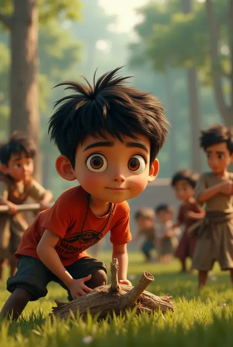 Ali and his friends are using the Strong Hook to lift the fallen tree. The scene is filled with action, with the ren straining to move the tree. Ali's hazel eyes are focused, and his tousled hair is messy from the effort.
Prompt: "A Pixar-style 3D scene of...