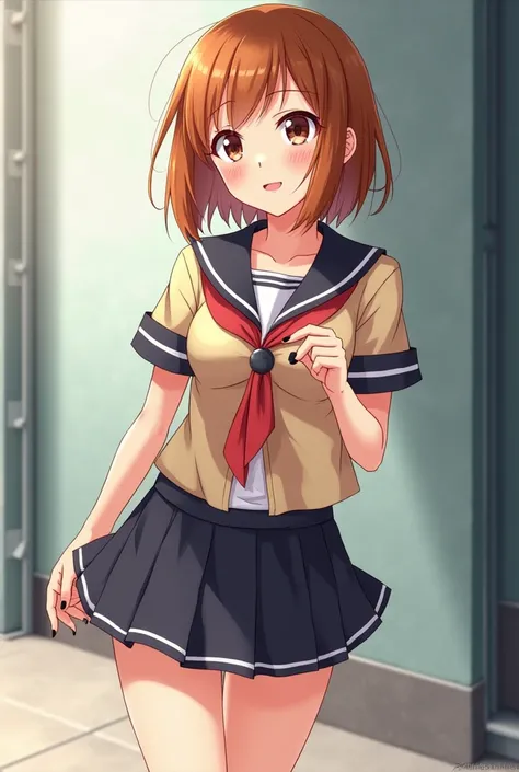 School uniform, Anime 2D, an opened button around her chests, a short skirt, and an amber bob hair