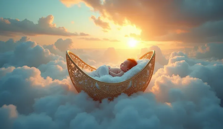  The cradle of the heavens
A baby rests peacefully on fluffy clouds ,  inside a heavenly crib adorned with golden arabesques.  The light of the setting sun mixes with the deep blue of the sky , creating a magical and divine environment .