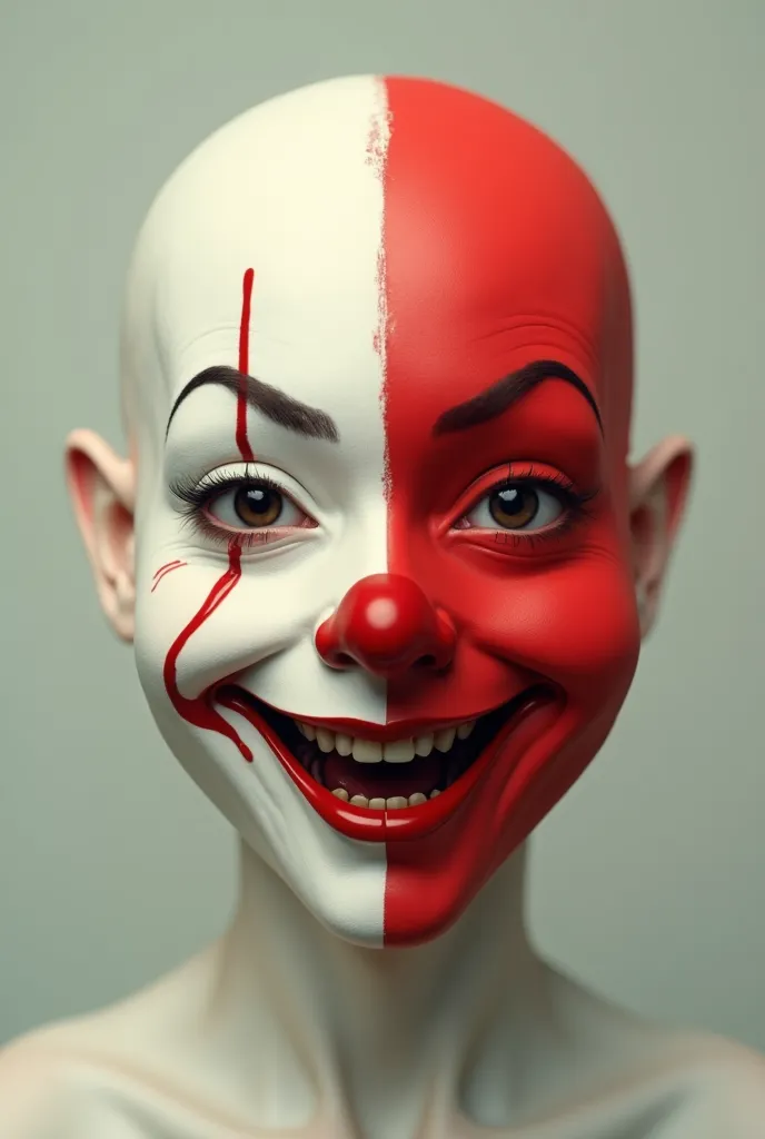 Oblong clown face half cream half red