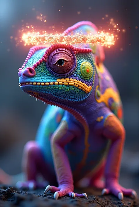 A chameleon in 12 different colors .  A radiant glowing wreath above the head 