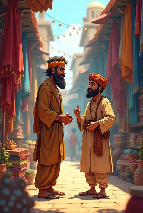 Pathan and salesman in cloth shop in animation form