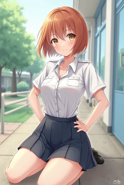 School uniform, shirt, Anime 2D, an opened button around her chests, a short skirt, and an amber bob hair