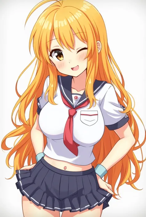 Her long, wavy, bright hair, School Uniform, Shirt, makeup that disguised her frame, earrings and ear cuffs that cover the circumference of her ears, anime 2D, a wide open bust, and short skirts that reveal little of her buttocks.