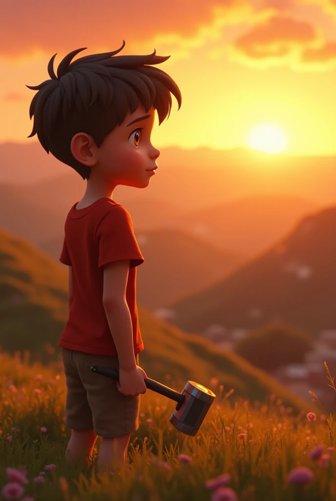 Ali stands on a hill, looking at the horizon with the Strong Hook by his side. His hazel eyes are filled with determination, and his tousled hair blows in the wind. The sun is setting, casting a golden glow over the village.
Prompt: "A Pixar-style 3D scene...