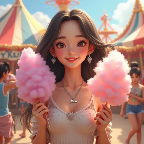 Cute dark-haired woman with earrings and a necklace that says Yuna at a carnival she is holding a cotton candy 