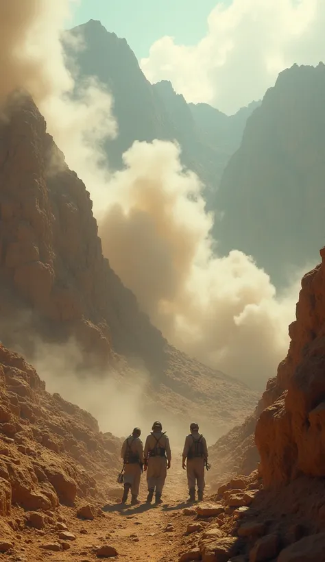 An image of archaeologists on Mount Sinai studying Serabit Al-Khadim, Full of smoke, Cinematic, full hd