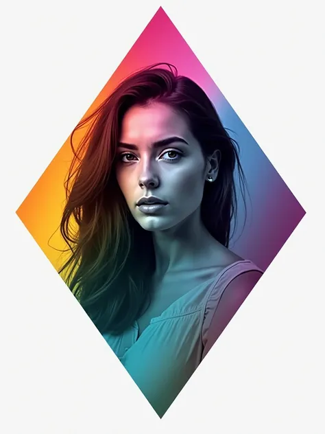 a colorful gradients type diamond, a monochrome photo of beautiful woman looking away from viewer, 2 photos overlay each other, well blended 2 photos, high contrast, professional photography