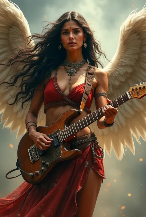 Indian Hawkeye woman with wings playing guitar wavy hair 