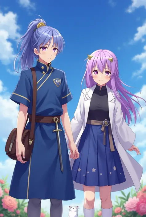 A purple-eyed anime man with long hair tied in a blue-white ponytail, wearing a gray tights, wearing a long blue short-sleeved frock, he carried a brown waistband with a sword keychain hanging on it. He was a star guard and stood alongside a purple-haired ...