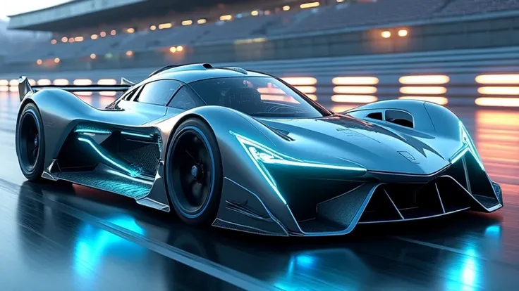 A space-age inspired hypercar with a lightweight titanium body, neon blue thruster-like exhausts, and sharp, wing-like aerodynamics. The vehicle has an ultra-low cockpit with a transparent canopy, and the wheels are designed to appear as glowing energy dis...