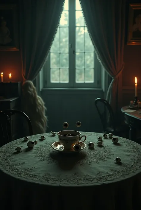 "Dark Victorian house, eerie and unsettling atmosphere, dim candlelight casting long shadows, antique furniture covered in dust, heavy velvet curtains blocking the outside light. A vintage tea table at the center, surrounded by broken porcelain dolls. In t...