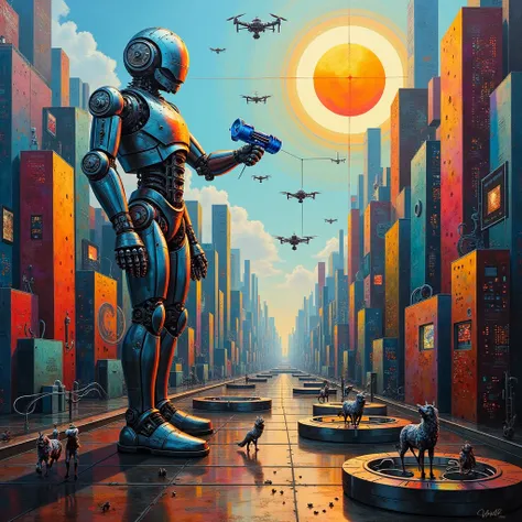 *" Cubist oil work with vibrant colors and metallic contrasts ,  representing a colossal city of mechanical towers ,  where buildings are made up of constantly moving gears and neon cables that beat as if they were living veins. in the sky,  instead of clo...