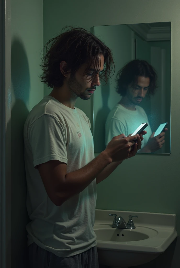 Character:  Jalam Bipal
 • Age : 28 years old,  Messy brown hair,  stained white t-shirt ,  gray sweatpants Action :  Trying to enter a number on the cell phone , But the screen is failing .
	 • Scenery : somber bathroom,  mirror reflecting a ghostly shado...