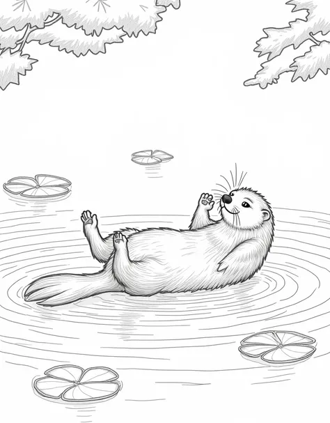 Make A Playful Otter Floating on Its Back in a River – A big otter with textured fur, surrounded by bold rippling water, large floating lily pads, and overhanging tree branches. everything done pencil line art. coloring page