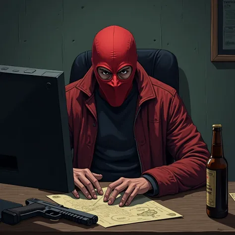 Man with red balaclava and dark red jacket on his back, sitting at a computer desk with a gun and a map on the table and a bottle of beer on top of it, watching the computer screen 