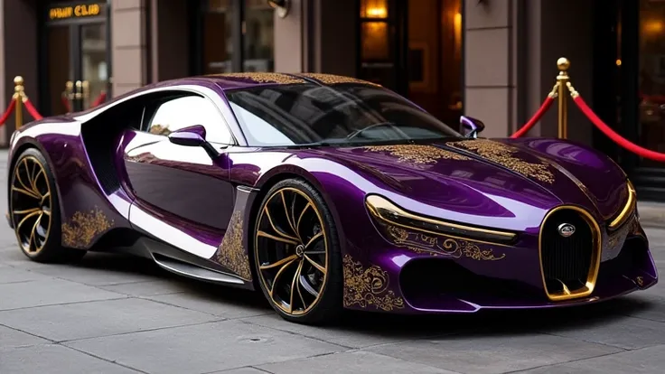 A high-performance luxury coupe with a shimmering midnight purple finish and gold filigree detailing along its contours. The car features a long, sweeping hood with active air vents, ultra-slim LED headlights, and a continuous taillight strip that spans th...