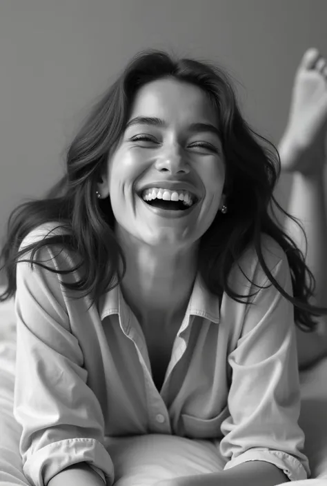  The black and white image shows a young woman lying on her stomach ,  smiling spontaneously and contagiously , transmitting genuine joy .  Her loose hair frames her face ,  while open and sincere laughter creates a light and energetic atmosphere.  She wea...