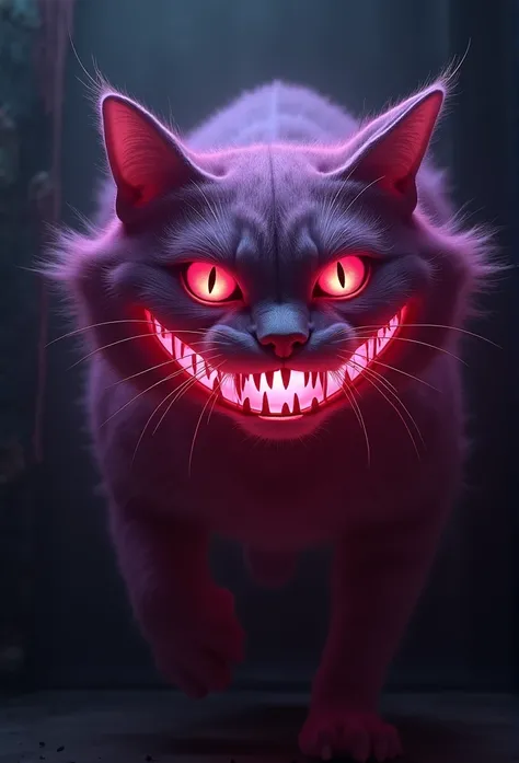 Alice in Wonderland's Cheshire cat floating on a black background ,4K hyper realistic fuchsia pink diabolic laugh 