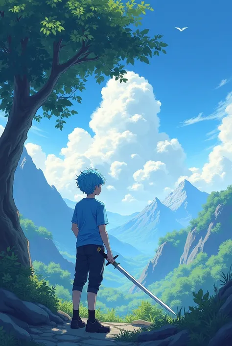   Create a visually stunning artwork that combines anime aesthetics with natural landscapes  , ,  depicting a boy resting under a tree while marveling at the grandeur of the mountains and the ethereal beauty of the clouds in the sky. Light blue hair light ...