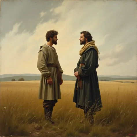 Two friends stand in the field at a distance from each other in the style of 17th century paintings in search of knowledge of the truth