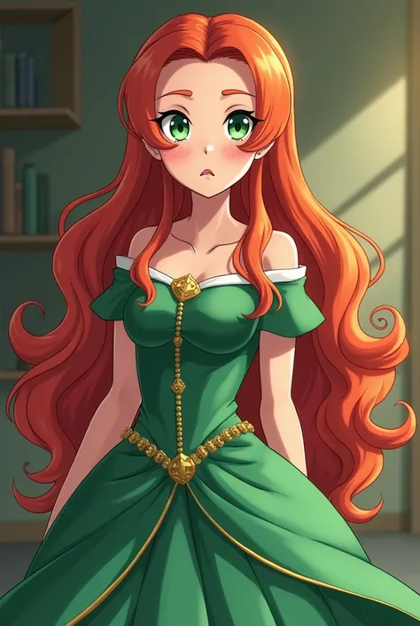 Create a picture of a 17-year-old princess who has long red-orange hair, bright green eyes, white skin, freckles on her face and wears a very beautiful green dress and looks very pampered and selfish in the form of an anime 