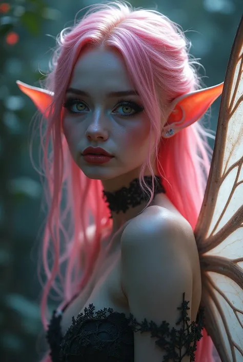 Elf with elf ears wings pink hair red lips heavy makeup glowing eyes