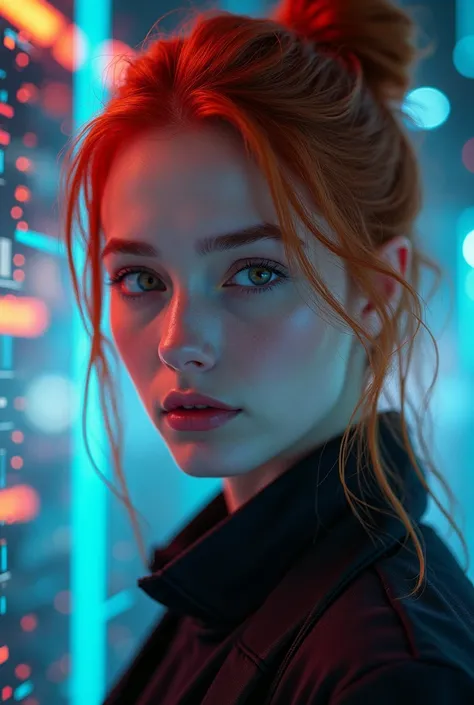  35-year-old female,  redhead,  with her hair tied up, Front view, beautiful, with a cyber background, view on a cell phone screen