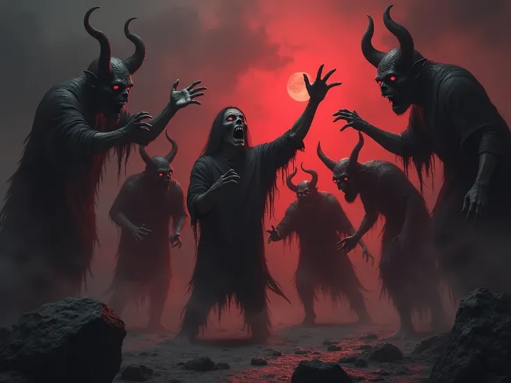 Generate an image of hell, There are several people with outstretched arms, Are there several demons close to people, The ambient light is red, There are several rocks nearby, dark sky 