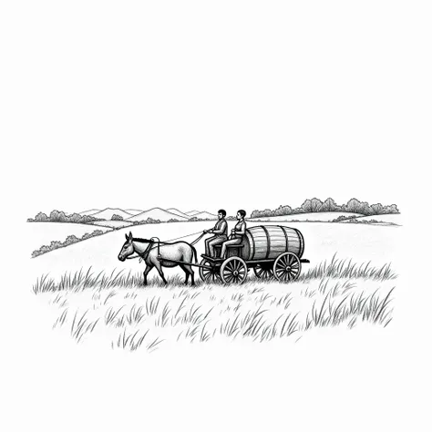 This picture is a black and white sketch depicting a scene of rural labor. In the picture, a carriage pulled by a donkey is driving through the fields. The carriage is carrying a huge wooden barrel. Two British people are sitting in the carriage, one of wh...