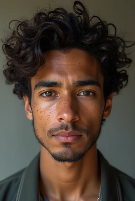 Arab young man,  of average height , Deep black eyes with lots of pimples all over the face and curly hair all the way to the chin 