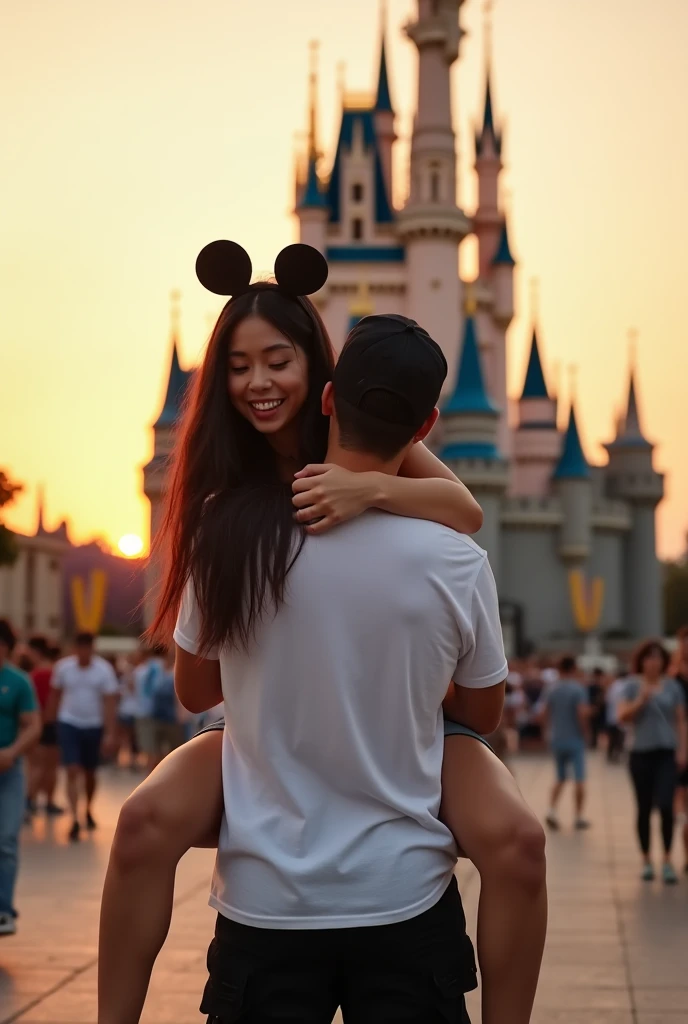 Couple from back, woman riding on man's back loughing. Woman with long black hair wearing denim black shorts and a white croptop,slim woman with hourglass figure, voluptuous buttock, Minie Mouse ears headband, nike air force 1 shoes, riding on man with sho...