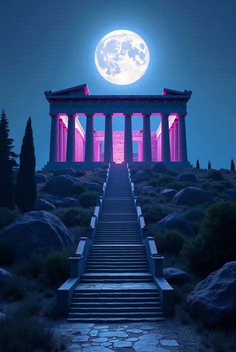 Full Moon by Tondo Grande , Middle part Parthenon illuminated with dim lights in the violet range, a grand staircase that descends from the Parthenon