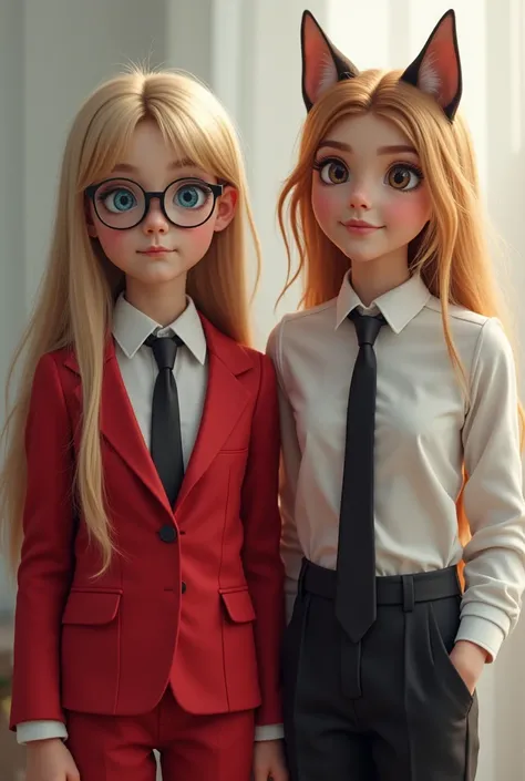  high quality, 8K ultra HD, two girls. Girl 1 with long blond hair, blue eyes and glasses , Wearing a red dress suit. Girl two with short hair, At the height of the ears in a booklet,  brown eyes and dressed in black dress pants and white shirt. A German s...