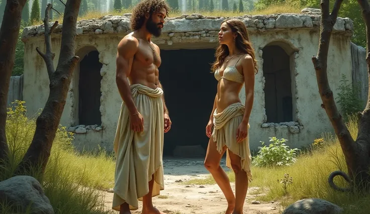 Adam and Eve outside an ancient house with ren's in the bible 