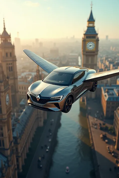 A picture of a Renault Symbol car with wings flying over London Bell