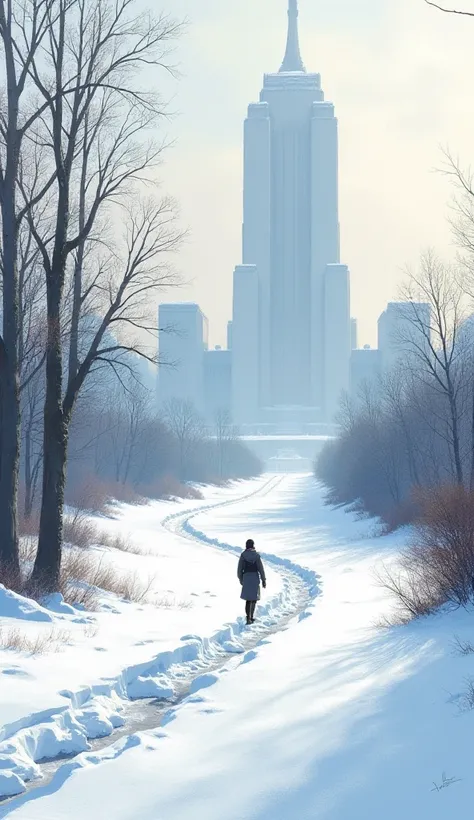 Walking along a path that leads to a huge snowy Post-Impressionism style