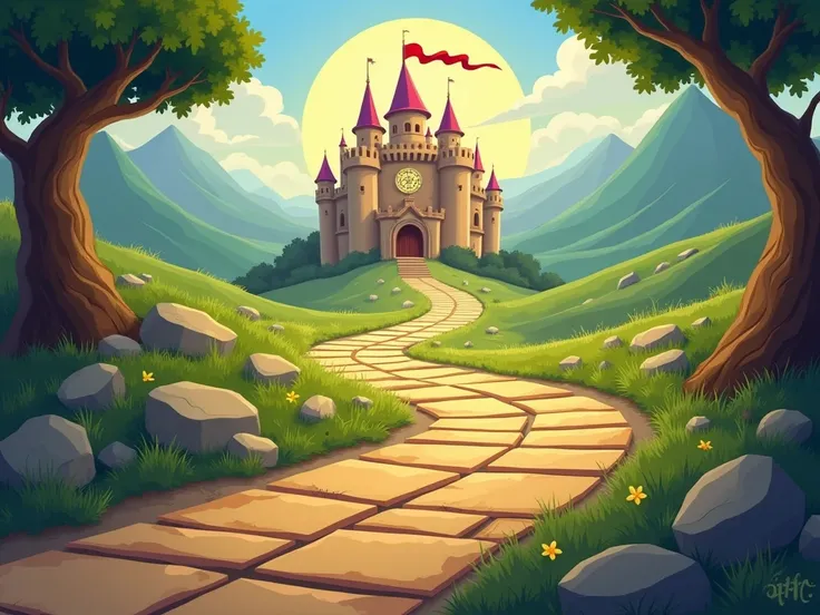 Create an image of a board game like a 'Journey for the Kingdom'. The board should be a winding, empty path of only the squares, starting at a starting point and progressing towards a bright, colorful castle in the background (symbol of the Kingdom).